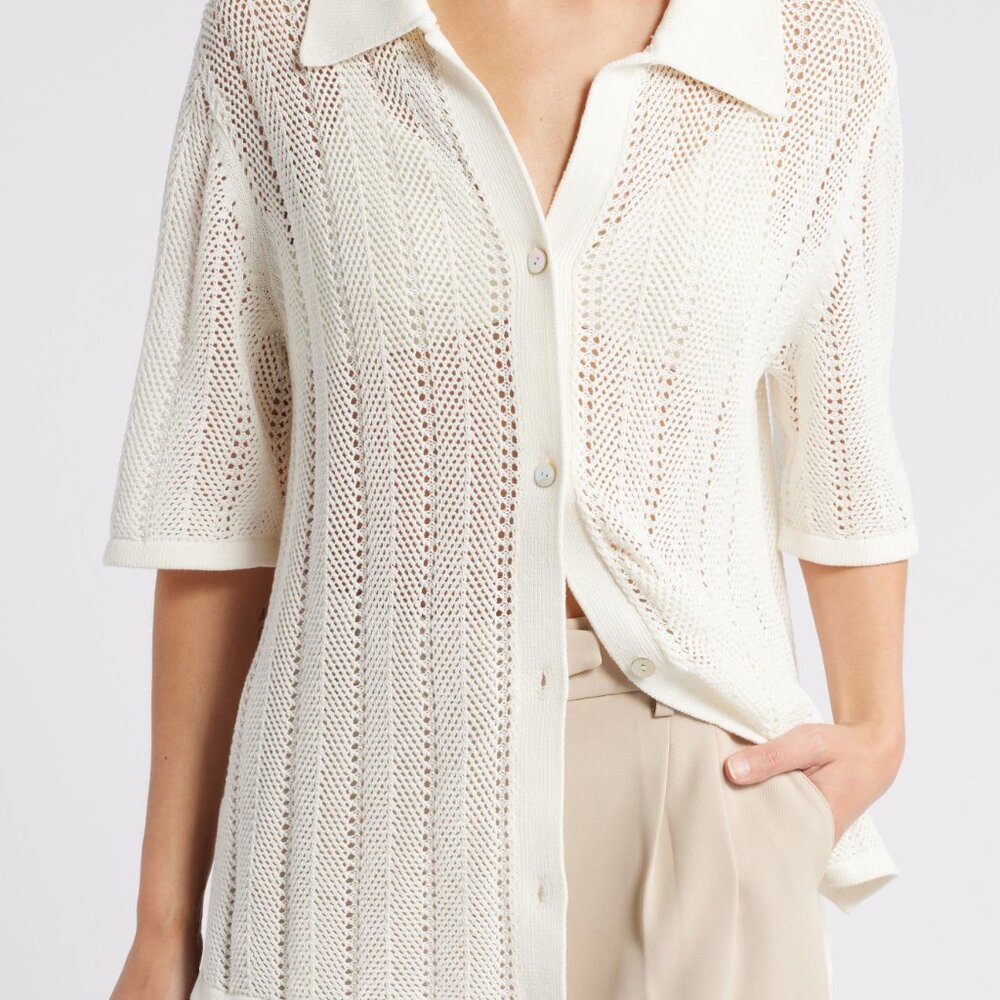 NWT &OtherStories Cotton Crochet Collared Button Down, Off White, Small